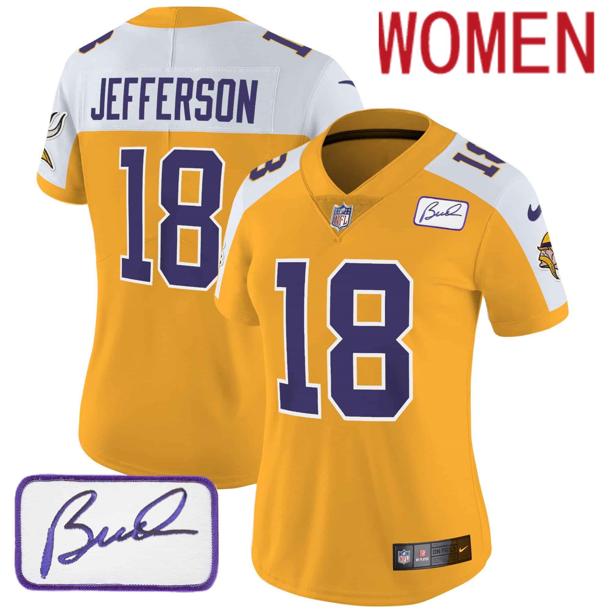 Women Minnesota Vikings #18 Jefferson Yellow 2024 Nike Patch Classic Limited NFL Jersey
